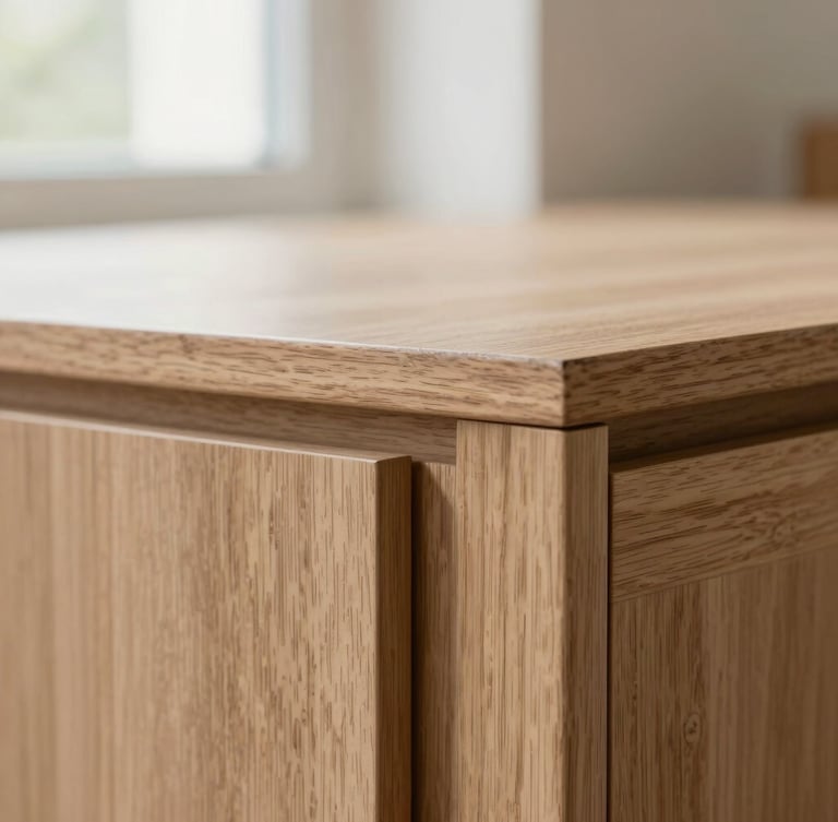 Macro close-up of a perfectly aligned wooden cabinet joint, highlighting the texture of natural oak and flawless matte lacquer finish, soft natural daylight.
