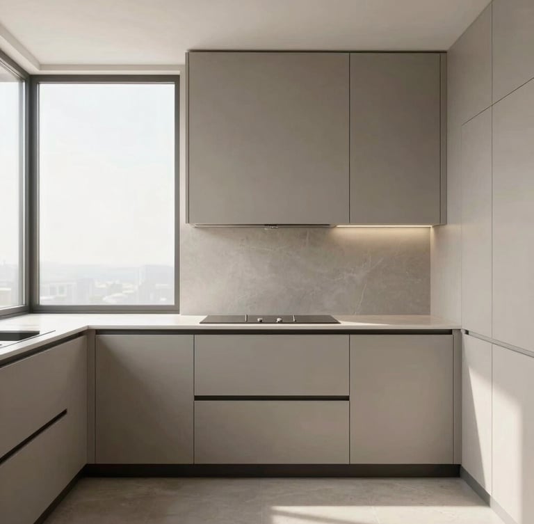 Straight-on architectural shot of a minimalist luxury kitchen with warm gray custom cabinets, soft natural daylight from a large window, clean lines, high-end finish details