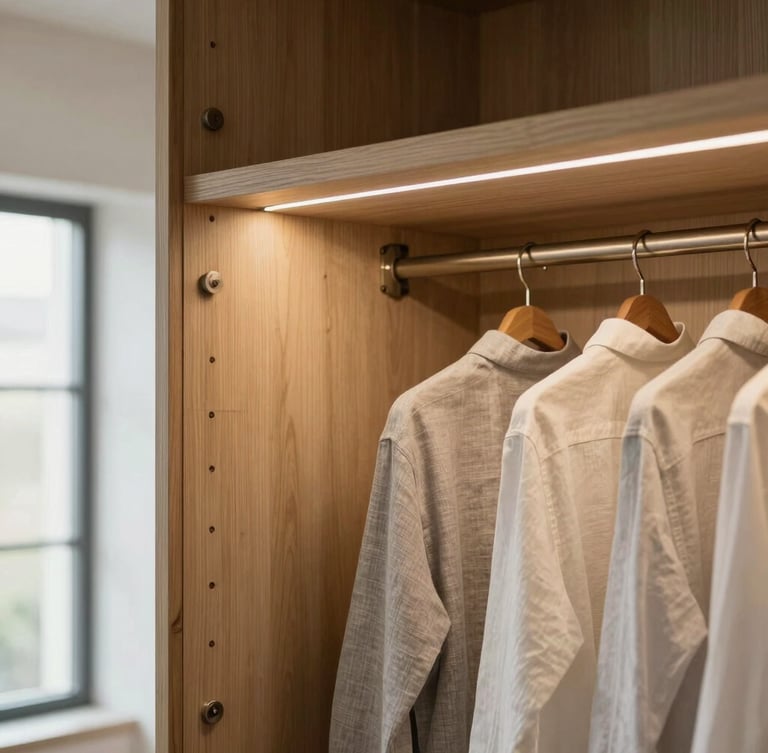 Detailed macro shot of an open walk-in closet corner, warm LED strip lighting illuminating custom oak shelves, neatly hung linen shirts, soft shadows, architectural details.