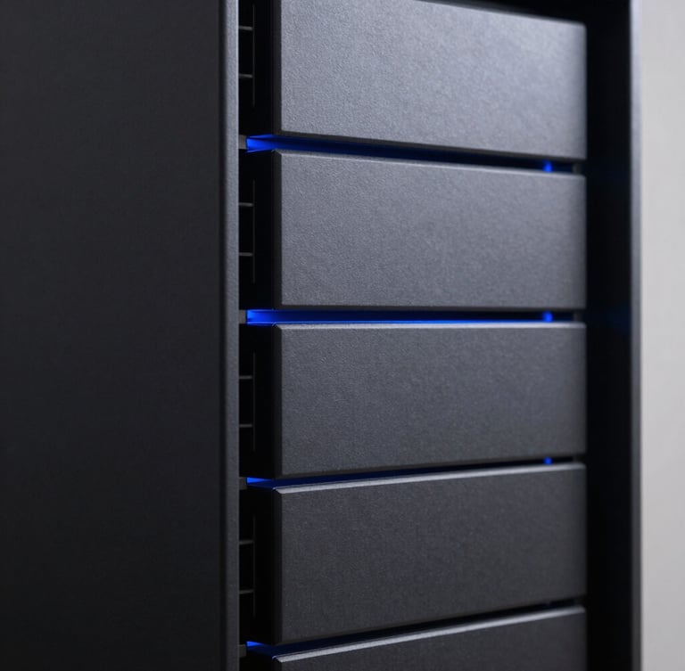 Minimalist dark server rack cabinet, subtle electric blue edge lighting, clean cable management, high contrast, macro tech photography