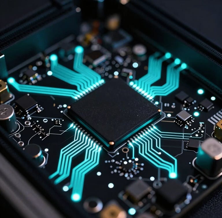 Extreme close-up of a high-end computer motherboard, glowing electric cyan LED traces, dark matte black surface, sharp focus on micro-components, 35mm lens