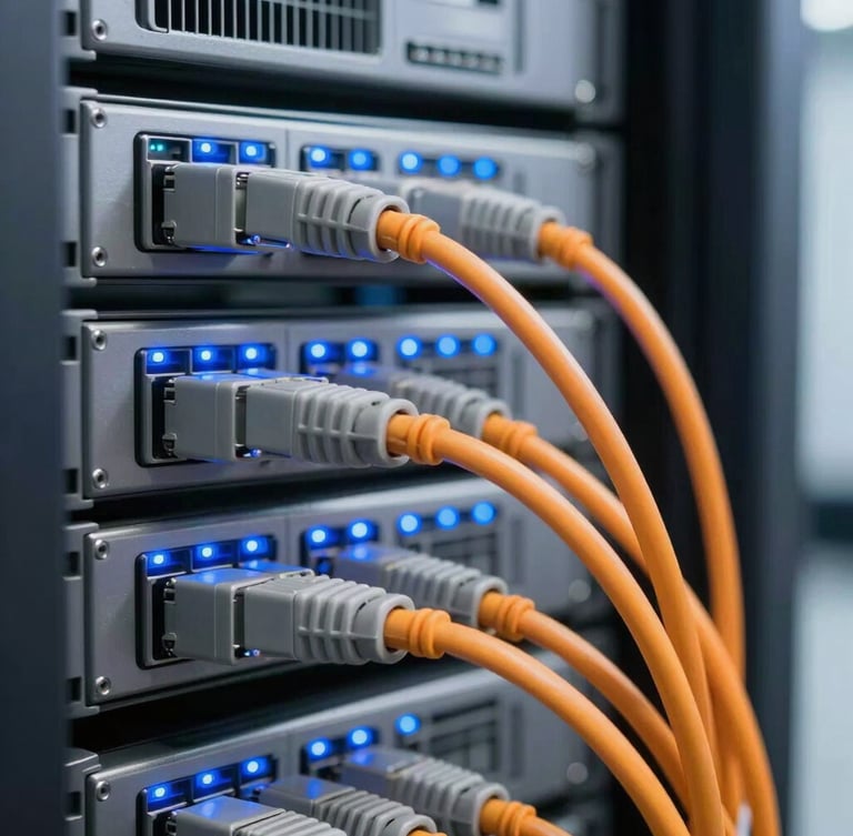 Close-up of structured cabling in an enterprise server rack with neat gray and orange patch cords, cool blue LED indicator lights glowing, professional technology environment, sharp focus, 35mm