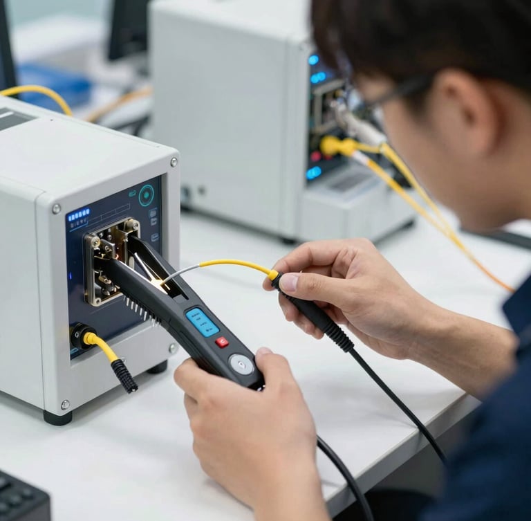Medium close-up of a professional technician testing fiber optic lines with a modern fusion splicer in a bright corporate environment, sharp focus, technical precision.