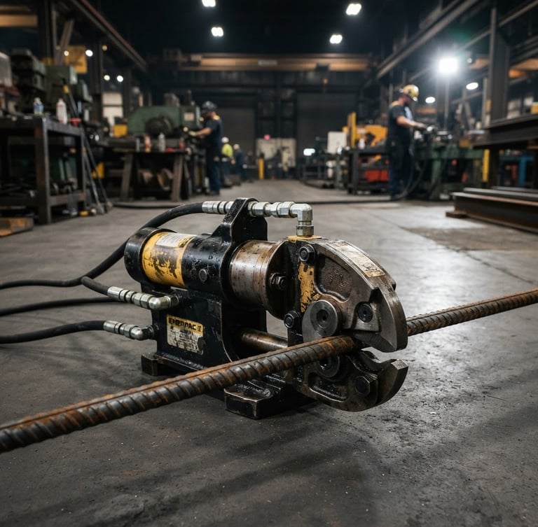 High-pressure hydraulic cylinders and heavy-duty rebar cutters on a clean factory floor, sharp metallic textures, high-contrast industrial key light, 50mm lens