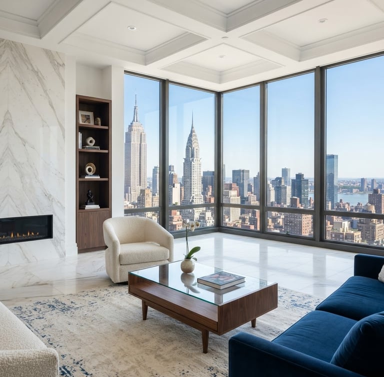 A pristine, sunlit Manhattan penthouse living room with high-end marble finishes and floor-to-ceiling windows showing the city skyline, bright natural daylight, crisp architectural lines, 35mm lens