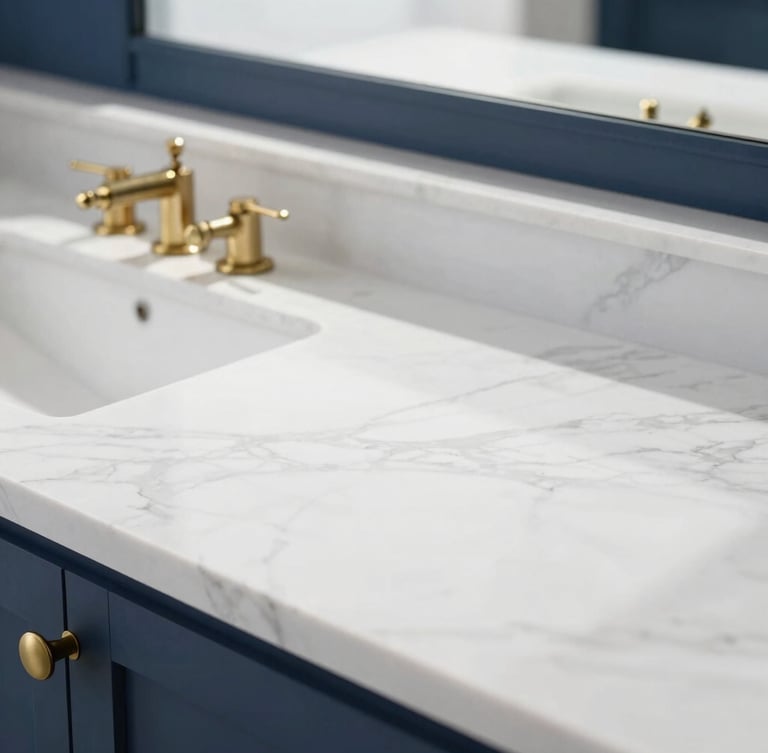 Close-up architectural photography of a polished white marble countertop with brass fixtures, bright natural daylight casting soft realistic shadows, clean white and deep blue tones, sharp focus, 35mm lens
