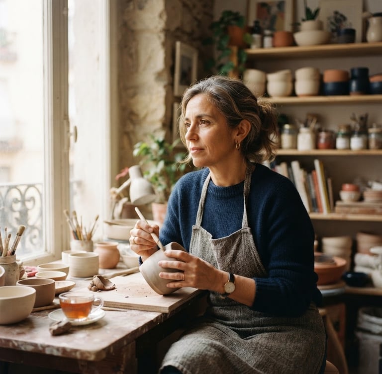 A professional, warm environmental portrait of Maricel Romero in her Madrid studio, soft window light, looking thoughtfully slightly off-camera, shallow depth of field, 35mm