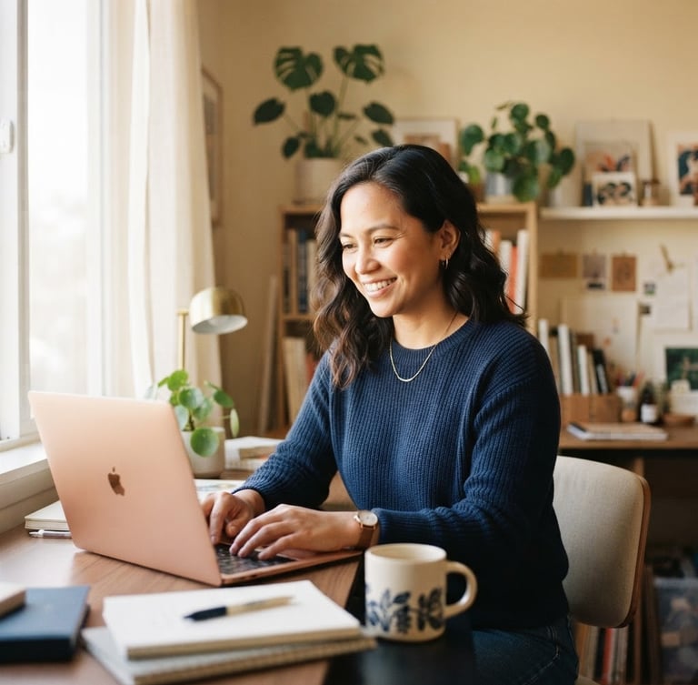 A professional environmental portrait of a female copywriter, Maricel, in a warm cream-toned studio, soft window light, shallow depth of field, 35mm editorial photography.