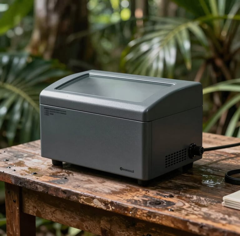 Macro close-up of a ruggedized charcoal-grey PCR thermal cycler operating on a weathered wooden table inside a humid tropical field station, high-contrast directional natural light.