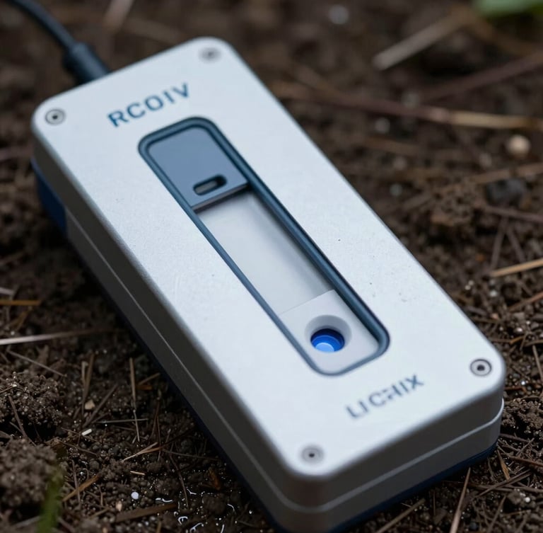 Close-up portrait of the portable PCR thermal cycler chassis resting on damp soil, metallic casing reflecting cold ambient light