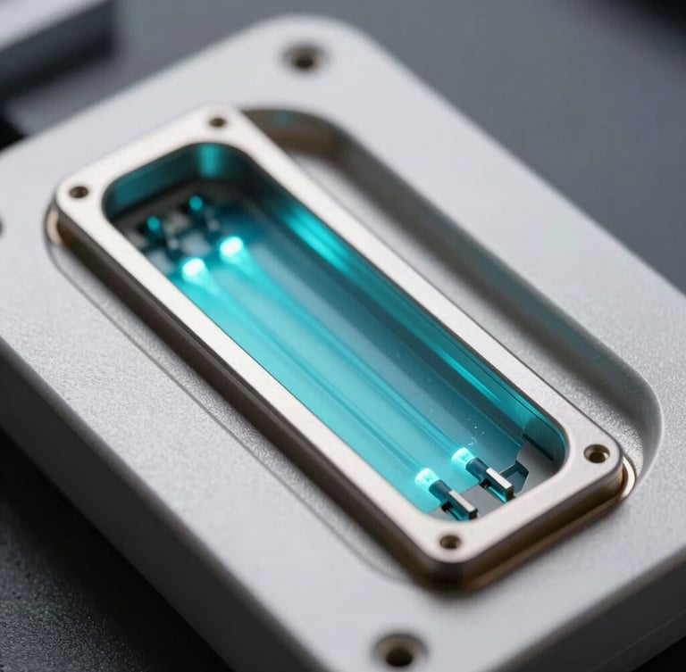Extreme macro close-up of the PCR optical deck cartridge chamber, high-visibility electric cyan light emitting from the fluorophore detection channels.