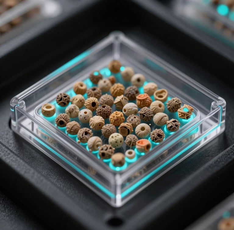 Macro close-up of dry lyophilized PCR beads inside a transparent microfluidic well, sharp focus, high-contrast directional studio lighting, electric cyan fluorescence