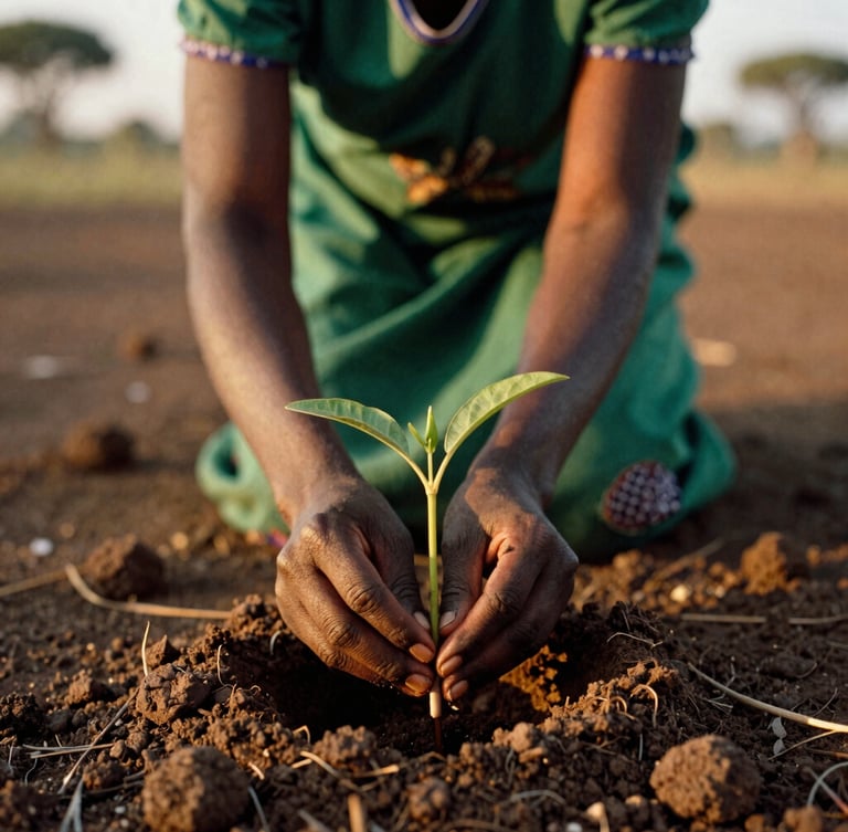 A South Sudanese woman in a green wrap planting a native acacia seedling in rich dark soil, golden hour sunlight highlighting her hands, close-up environmental portrait, shallow depth of field