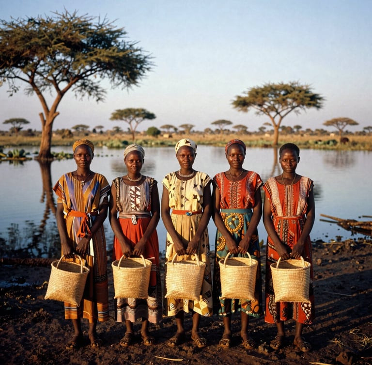 A wide environmental portrait of South Sudanese women standing together in the Sudd wetlands during the golden hour. They hold hand-woven seed baskets, with the vast, reflective waters and acacia trees in the background. Warm, natural documentary photography style, high-contrast shadows.
