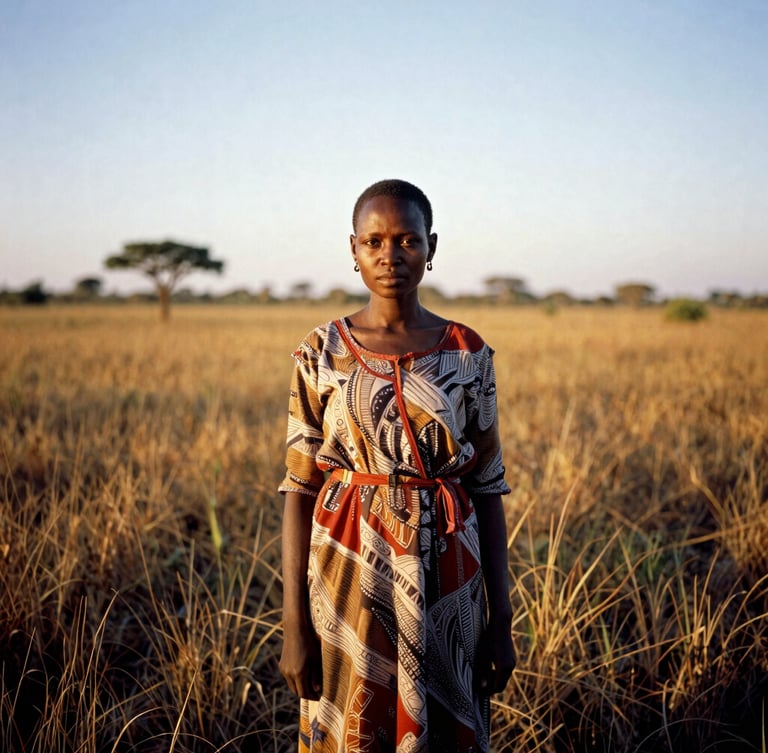A wide environmental portrait of a South Sudanese woman leader standing in the golden-hour light of the Sudd wetlands, looking forward with quiet strength, high-contrast shadows, 35mm film.