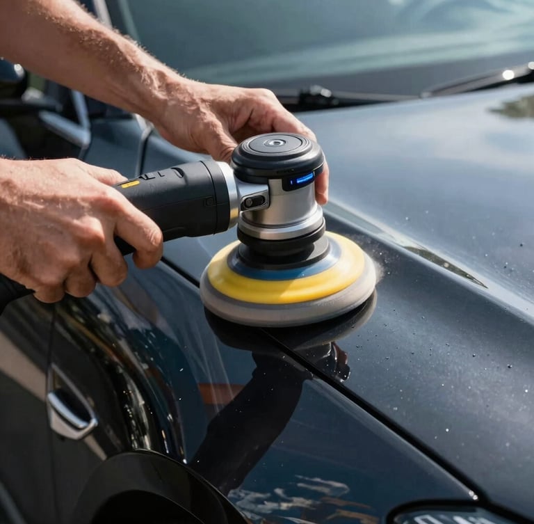 Close-up of hands operating a dual-action polisher on a car's paint, showing the pad working on a reflection line, crisp LED light, high-contrast, 50mm lens.