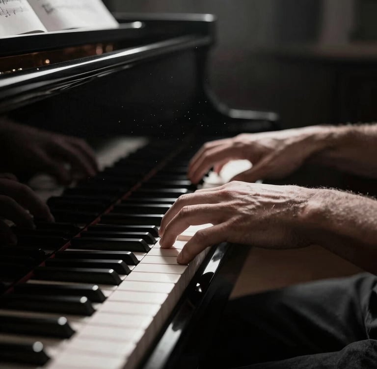 Tight macro shot of hands playing a black grand piano, dramatic side lighting, dust motes in light beams, sheet music visible in soft focus, moody monochrome tones.