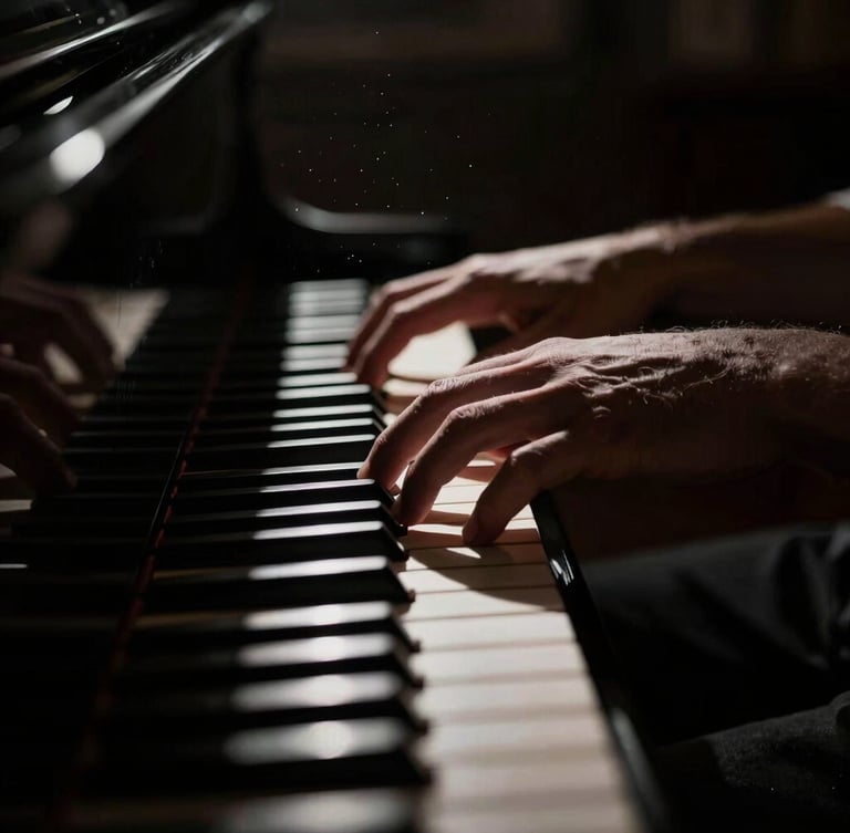 Tight macro shot of hands playing a grand piano in deep shadow, dramatic chiaroscuro lighting, dust motes in a single shaft of light, 35mm anamorphic lens.