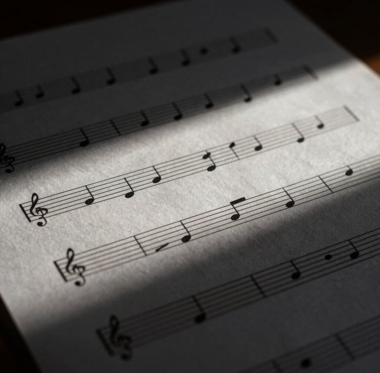 Macro shot of printed sheet music on textured heavy paper, elegant black notation, soft directional window light, deep shadows.
