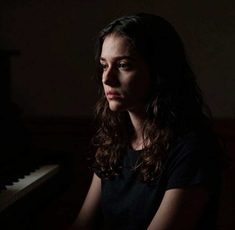 Moody cinematic portrait of Eliana in low light, dramatic chiaroscuro lighting, deep shadows, 35mm anamorphic lens, looking thoughtful beside a piano.