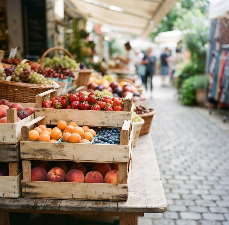 Bright natural daylight photo of neatly stacked wooden crates of seasonal fruit at a clean market entrance, shallow depth of field, 35mm