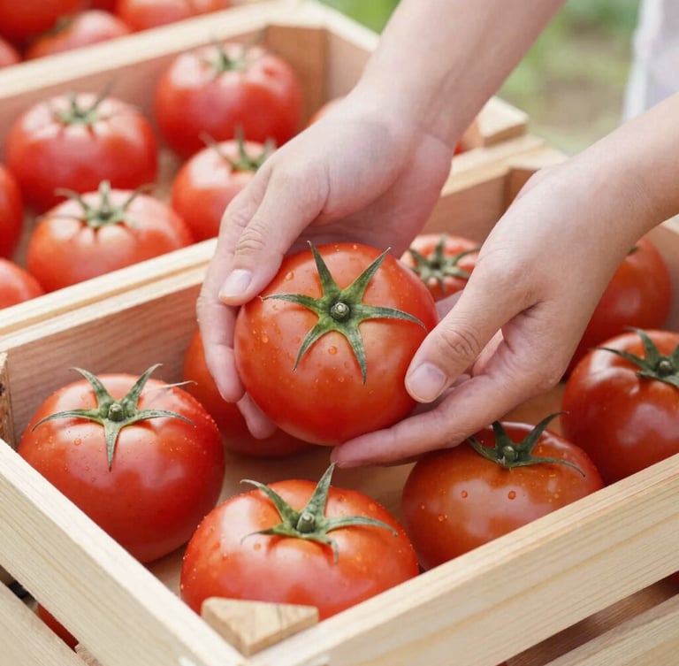 Medium close-up of hands carefully selecting fresh, bright red tomatoes from a neatly stacked wooden crate, soft morning daylight, 35mm