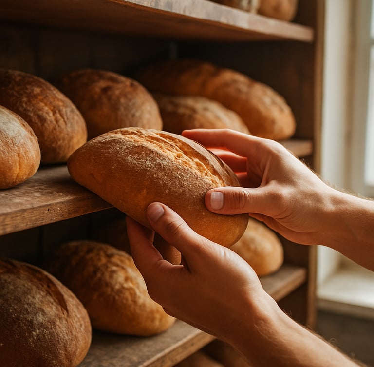 Hands selecting fresh, warm-toned bread from a rustic wooden bakery shelf, bright natural daylight, 35mm