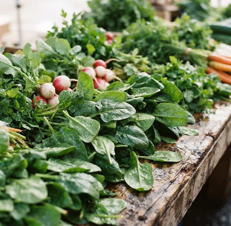 Close-up of vibrant, wet-misted green spinach leaves and crisp vegetables on a rustic wooden display, soft morning daylight, 35mm