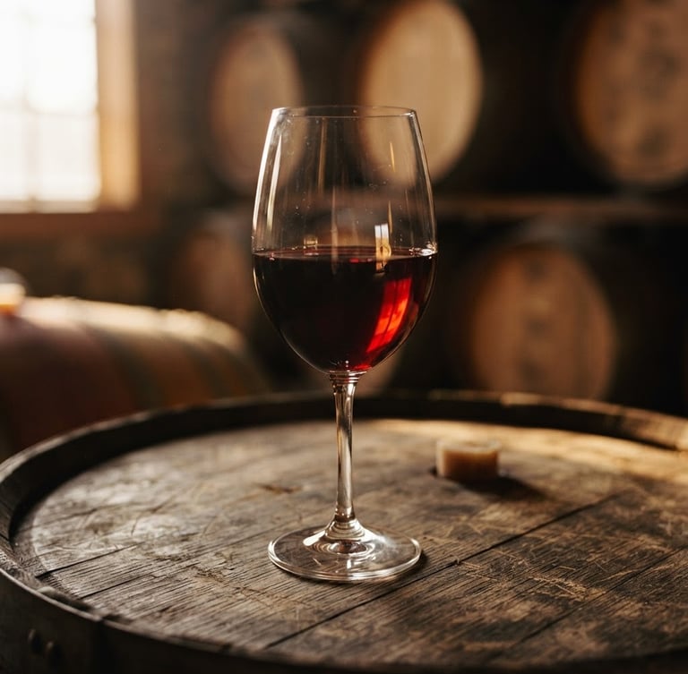 Close-up of a wine glass reflecting soft golden-hour morning light, dark textured oak barrel in the background, warm editorial photography, 35mm