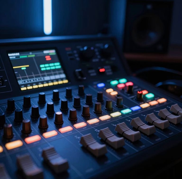 Low-key ambient studio lighting, close-up of a color grading console with glowing dials, deep slate tones, sharp focus, 35mm lens.