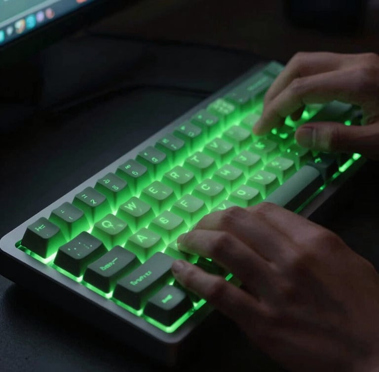 Moody studio photography, close-up of hands on a mechanical keyboard with neon green keycaps, low-key ambient screen glow, dark high-contrast tones, shallow depth of field.