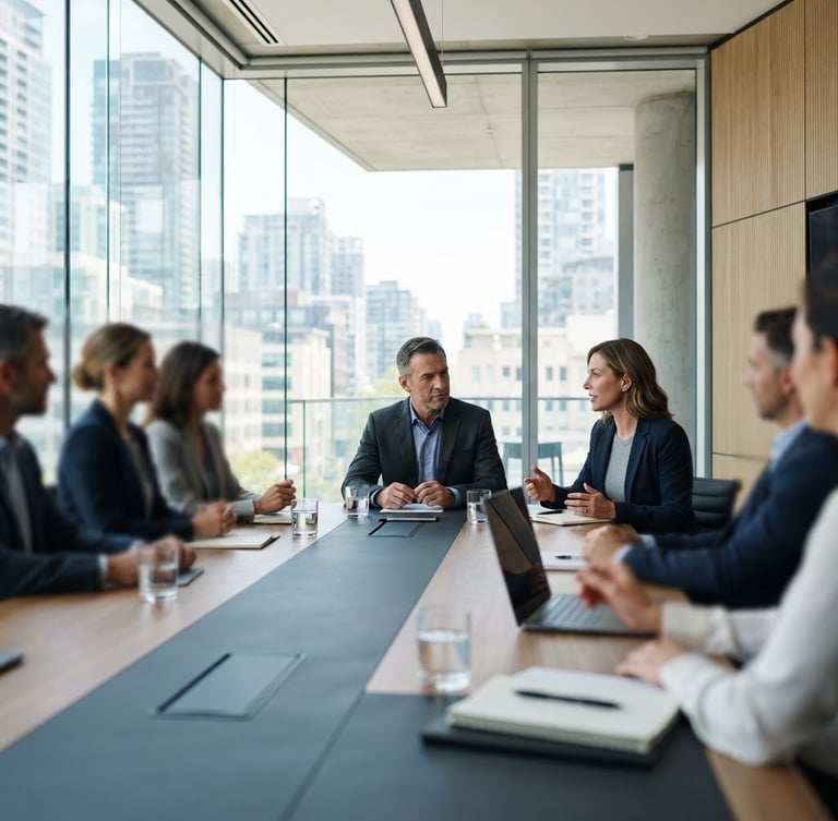 Bright editorial photography, clean corporate office setting, natural window light, modern architectural boardroom with glass walls, slate tones, shallow depth of field, 21:9 framing.