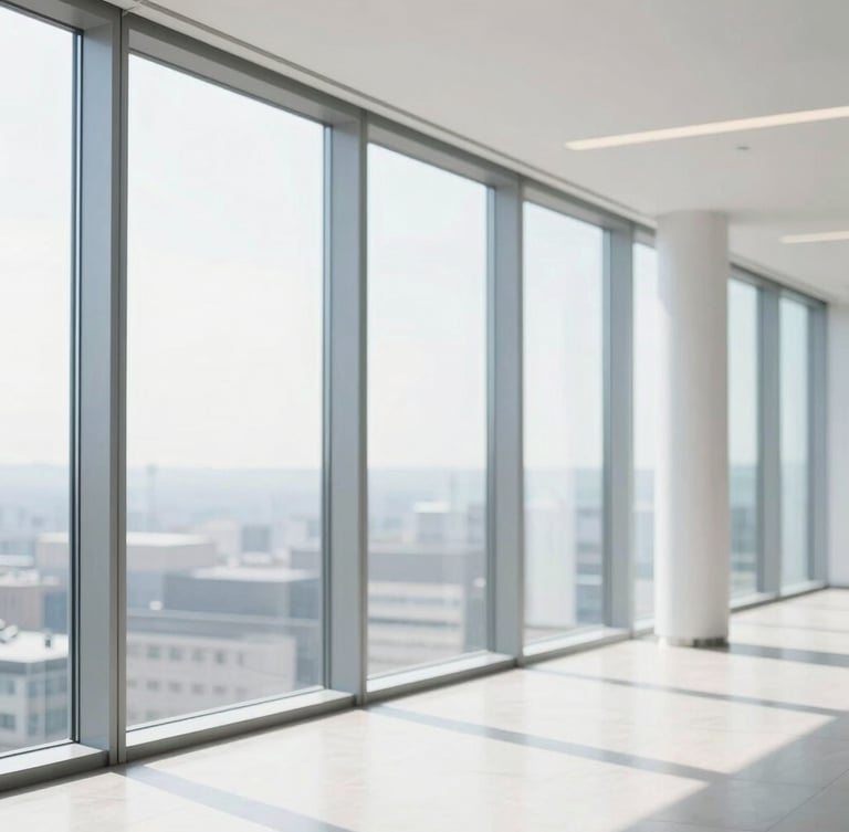 A modern architectural office space with bright natural high-key window light, soft shadows, pristine minimalist corporate setting.