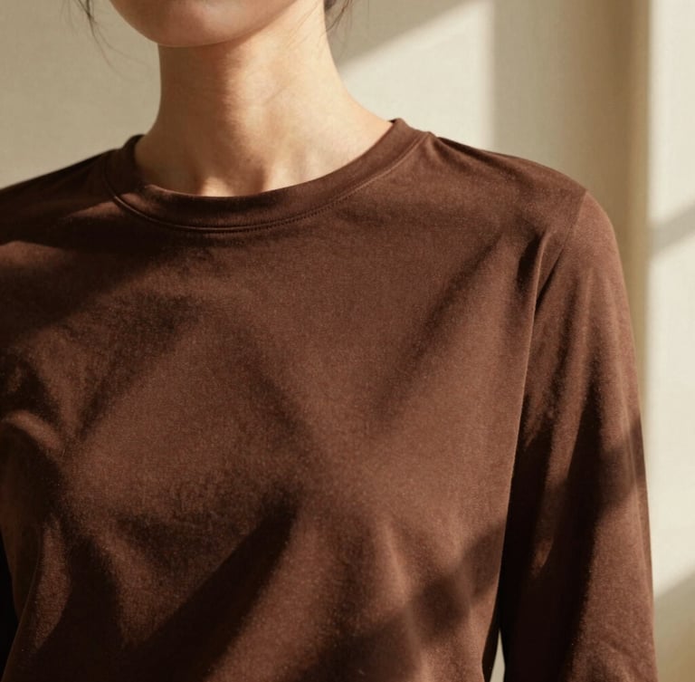 Warm editorial fashion photography of a woman wearing a structured chocolate brown cotton top, soft morning light casting gentle shadows, minimal beige background, 35mm film style.