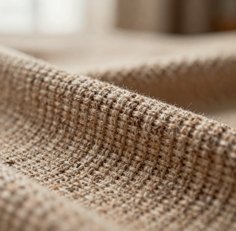 Extreme close-up of high-quality woven fabric texture, warm beige and chocolate brown threads, soft natural side lighting, shallow depth of field showing the premium textile fibers.