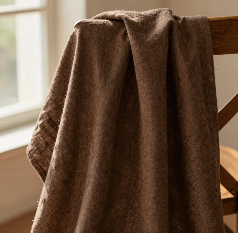 Close-up of high-quality brown linen fabric texture draped softly over a wooden chair, warm natural window light, editorial fashion setting
