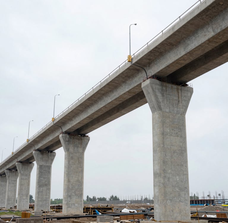 Wide-angle environmental shot of heavy infrastructure under construction, massive concrete viaduct pillars stretching into a low horizon, overcast natural daylight.