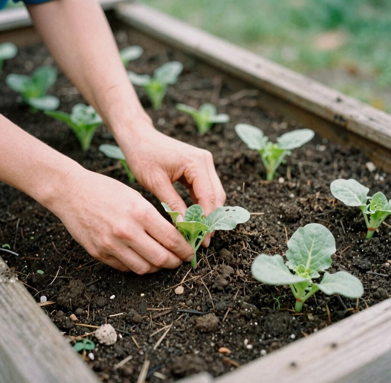 Close-up of hands in rich dark soil planting young vegetable starts in a wooden raised bed, soft overcast Washington daylight, 35mm film