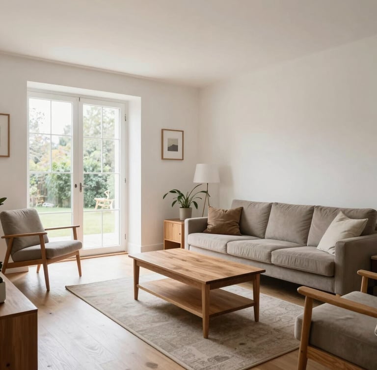 Wide-angle interior of a bright, modern UK living room with clean walls, natural light from a large window, and simple, dignified wooden furniture.
