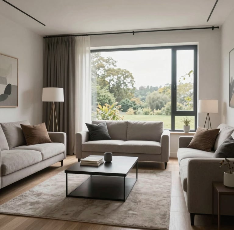 Dignified interior of a modern, clean UK living room, natural soft lighting through a large window, minimalist furniture, realistic home environment.