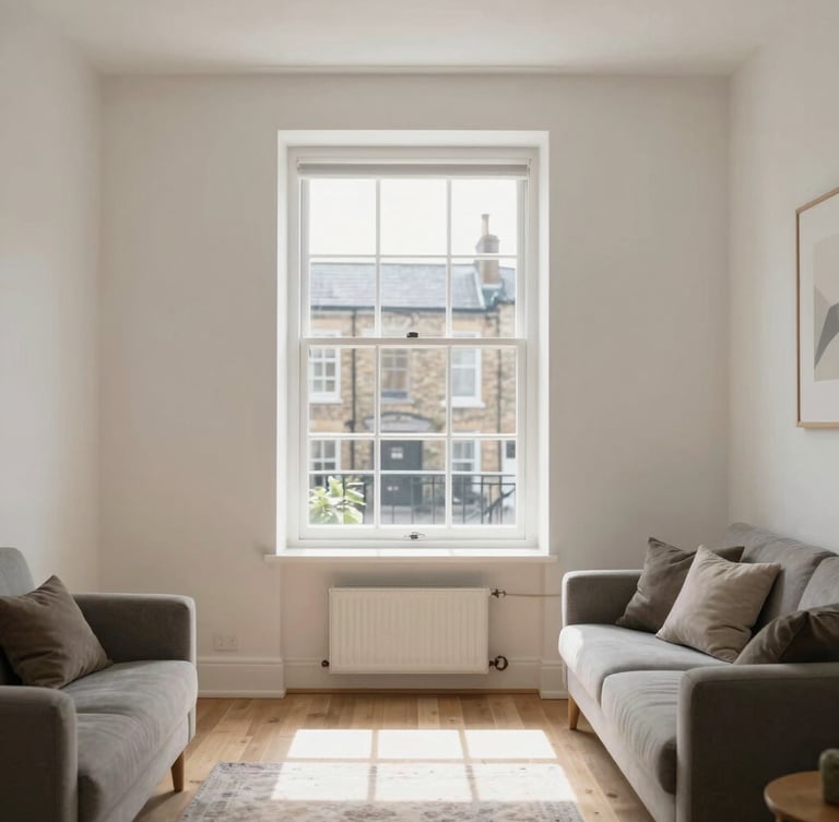 A bright, clean interior of a modern UK terraced home, showing a minimalist living space with soft natural light streaming through a sash window.