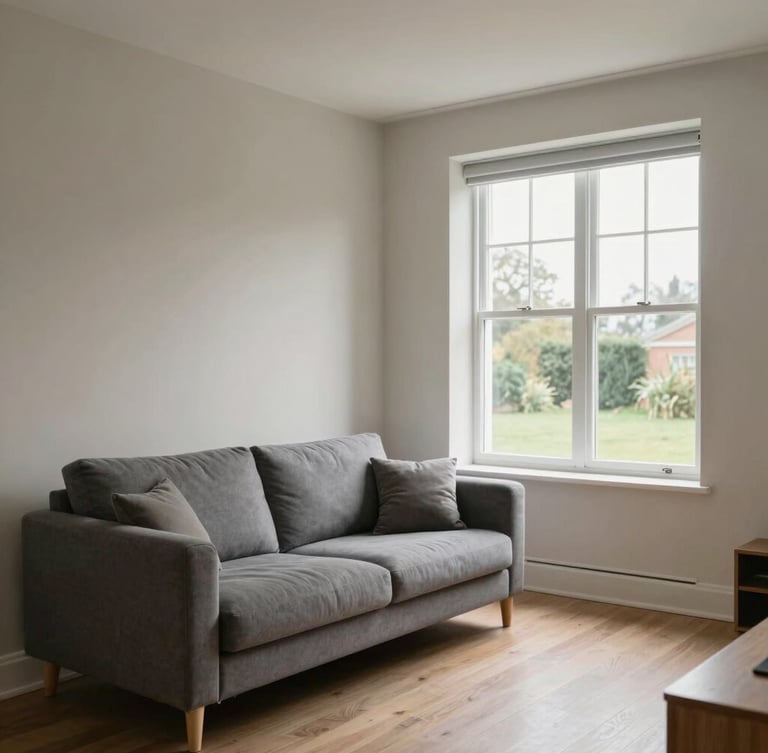 A bright, clean residential living room interior with neutral walls, a grey sofa, and a large window showing natural overcast British daylight.