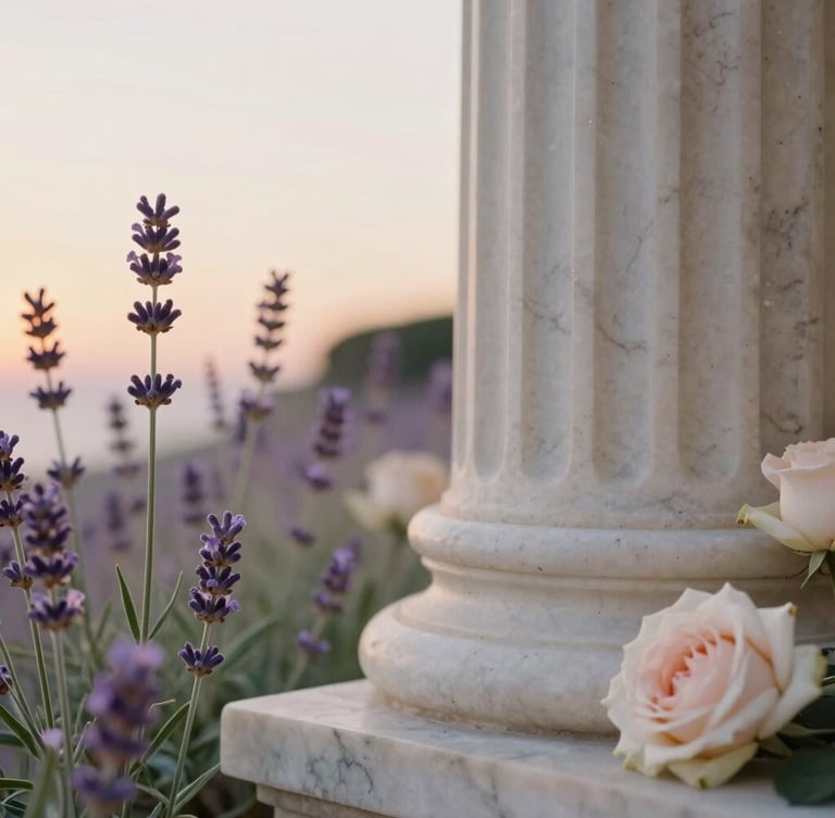 Soft-focus close-up of wild lavender flowers and pale roses next to a cold mineral marble column, warm Mediterranean sunset light, 35mm photography