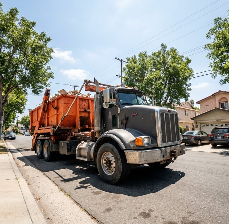 Heavy-duty roll-off dumpster truck on a residential street in La Mirada, bright midday sun, low angle, crisp industrial photography, orange and charcoal tones, sharp focus, wide-angle lens.