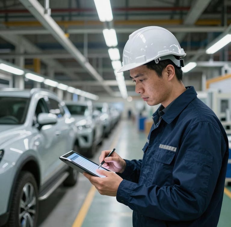 Industrial engineer with a tablet analyzing an automotive assembly line layout, high-contrast technical lighting, 35mm