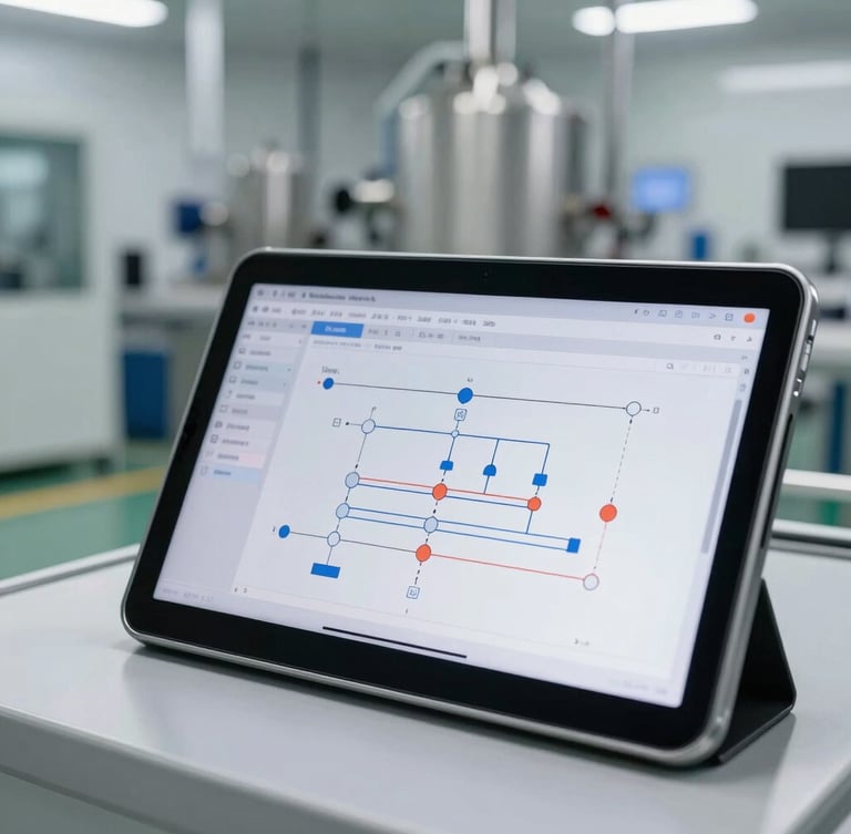 Close-up of an industrial tablet showing flowcharts and line balancing software interface inside a clean modern factory environment, 35mm