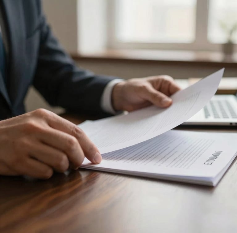 Close-up of a legal document on a dark wood desk, hands of an attorney reviewing papers under warm, soft window light, shallow depth of field