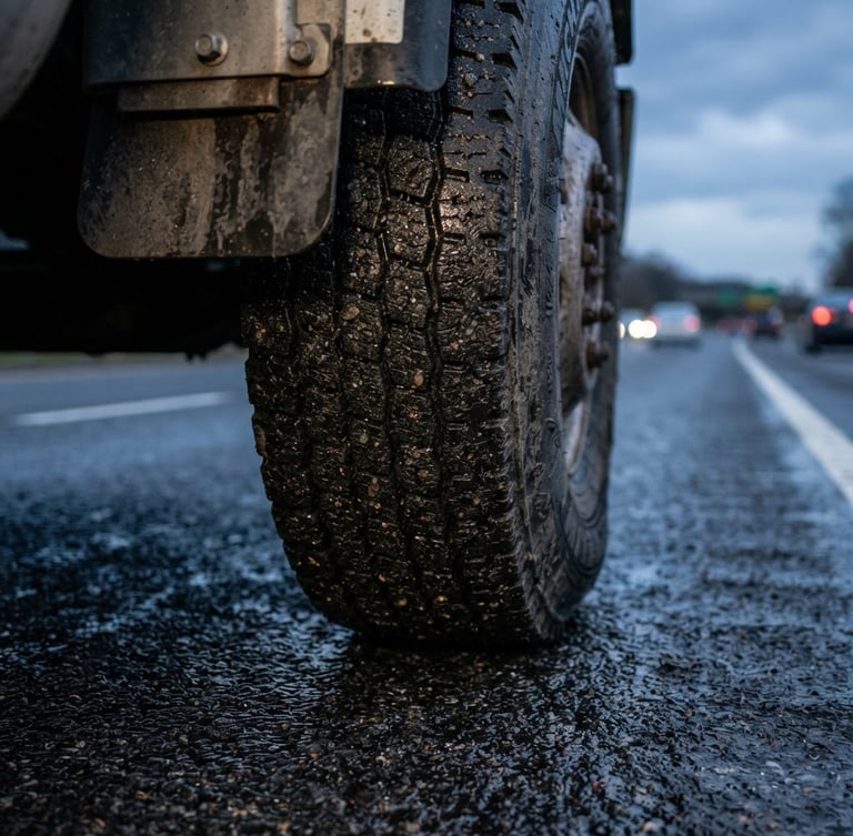 Close-up of a commercial truck tire on wet New Jersey highway asphalt at dusk, sharp focus, professional editorial photography, muted tones.