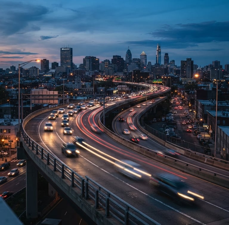 A professional environmental shot of Newark roadways at dusk, soft motion blur of headlights, atmospheric streetlights, 50mm lens, professional editorial photography