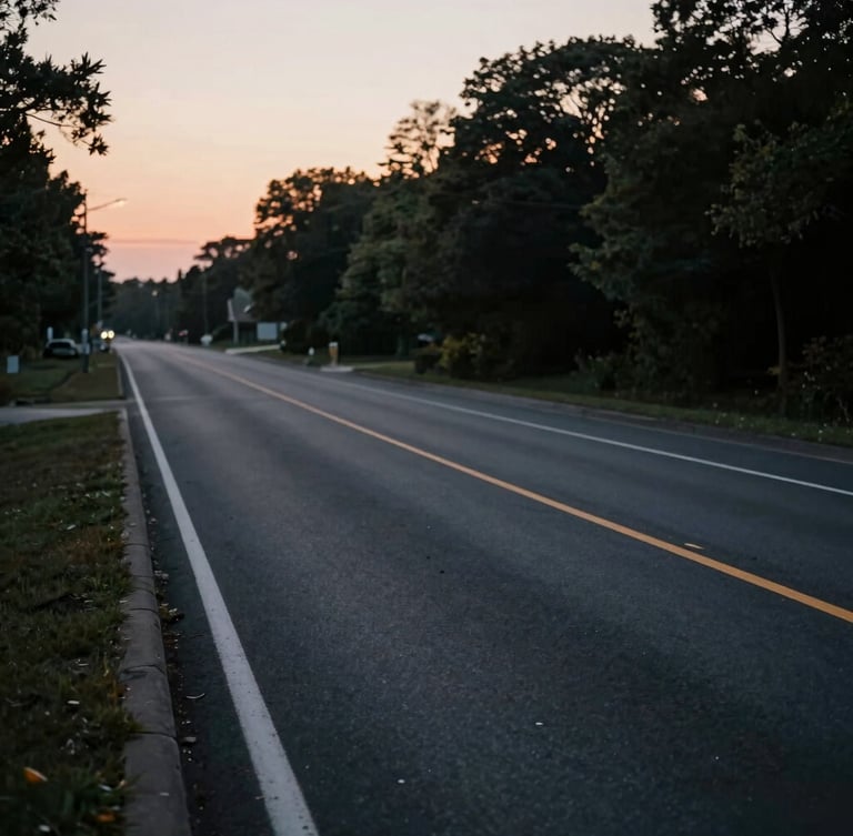 A quiet New Jersey roadway at dusk, soft cinematic lighting, empty asphalt with clean lane markings, professional editorial style